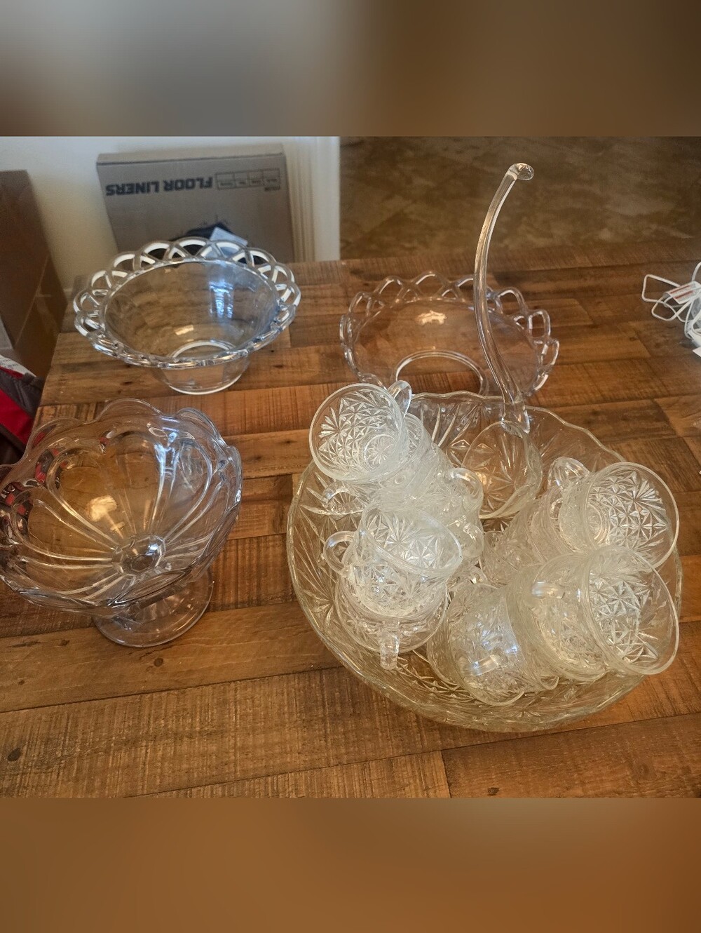 Clear Cut Glass Punch Bowl 18 Pieces Set with Cups And More